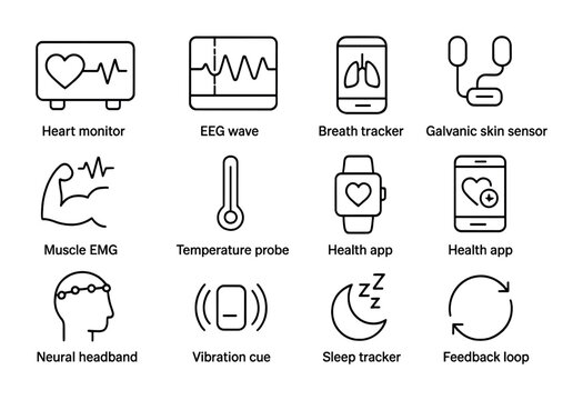 Biofeedback Icon Set. Outline icon set of biofeedback design: heart monitor, EEG wave, breath tracker,