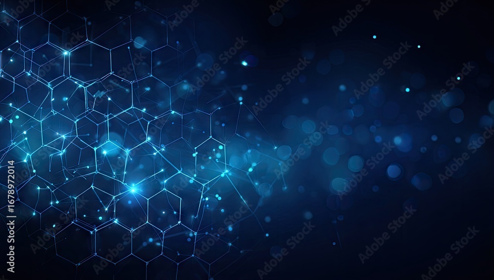 Poster futuristic blue glowing hexagonal grid network connection.
