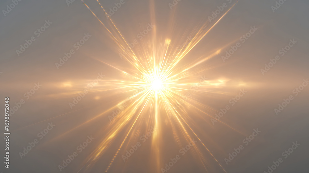 Poster radiant golden light burst with beaming rays emanating from a central point on a gray gradient backd