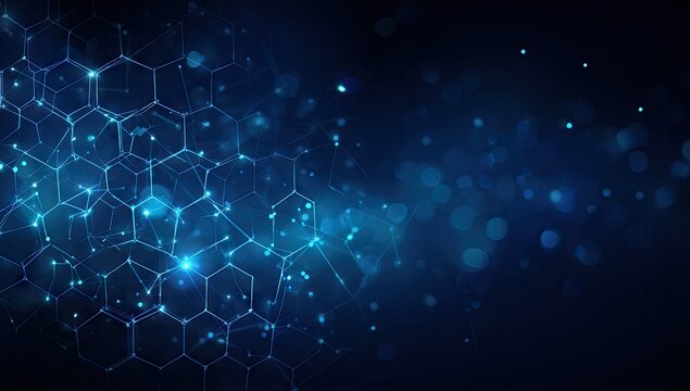 Futuristic blue glowing hexagonal grid network connection.