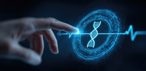 Digital DNA strand being touched by a human hand, representing scientific research.
