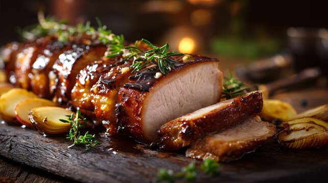 A thick slices of roast pork loin with apple glaze, scattered roasted apples and fennel, moody country setting and old wooden table