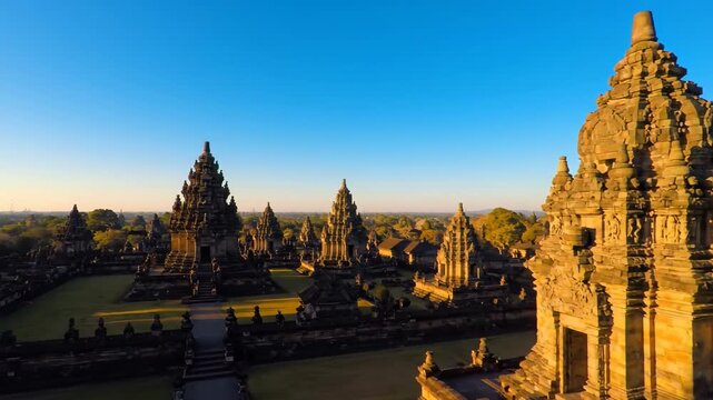 Majestic Prambanan Temple: Sunrise Aerial Drone View of Ancient Indonesian Architecture