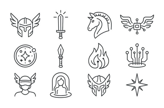 Cyber Valkyrie Icons. Outline icon set of cyber Valkyries: winged helmet, glowing sword, neon horse, AI wings,