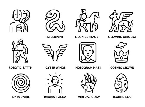 Mythic Bio-Robot Icons. Outline icon set of mythic bio-robots: hybrid avatar, AI serpent, neon centaur,