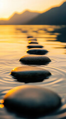 Zen stepping stones creating calm ripples on serene water at golden hour sunset