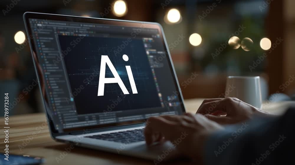 Poster a person engages with digital technology on a laptop, focusing on coding and neurochip development i