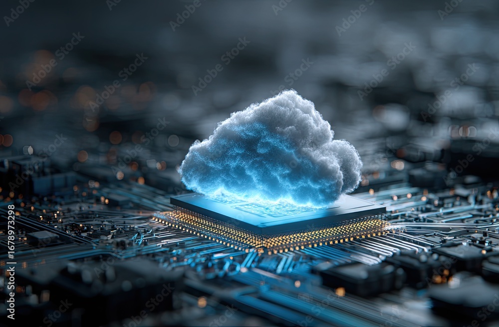 Poster futuristic cloud computing concept on a glowing microchip.