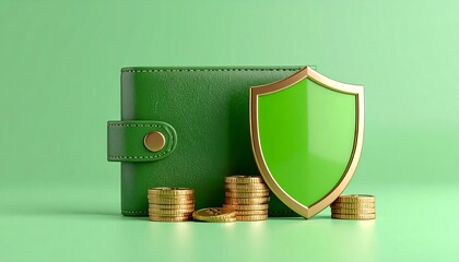 Wallet with shield and coins on green background