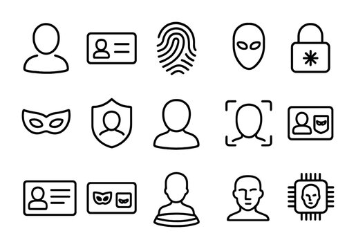 Virtual Identity Icons. Outline icon set of virtual identity: profile avatar, username tag, fingerprint,