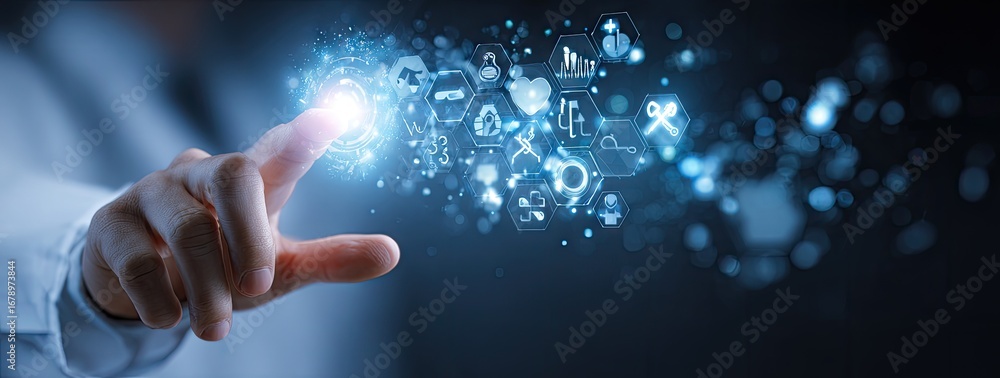 Aufkleber digital touch interface with glowing icons representing technology and innovation.