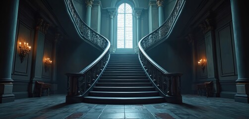 Ornate grand staircase in dark, gothic mansion interior. Blue light illuminates fog, shadows around ornate stone, wood architecture. Vintage Victorian style creates mystery, intrigue in dimly lit