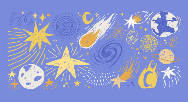 Kid drawn crayon space doodles with planets, stars, comets, moon, galaxy swirls on blue background. Playful cosmic chalk illustration for posters or creative projects.