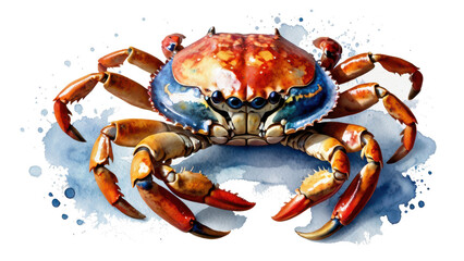 Vibrant Crab Illustration: An intricately detailed watercolor illustration showcases a crab with striking colors. capturing the exquisite details of the crustacean in a photorealistic style.