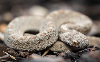 A close-up of a Rhombic Egg-Eater snake with textured scales and a forked tongue. © Wirestock
