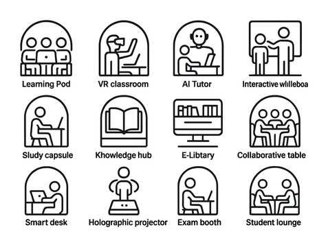 Education Hub Icons. Outline icon set of education hubs underground: learning pod, VR classroom, AI tutor,