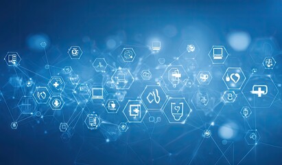 Futuristic digital network of interconnected technology and business icons.