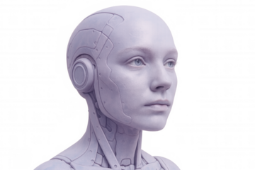 Lavender-colored futuristic robot looking away, featuring intricate mechanical details and a transparent background