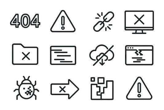 Error Screen Icons. Outline icon set of error screens: 404 code, warning triangle, broken link, crash icon,