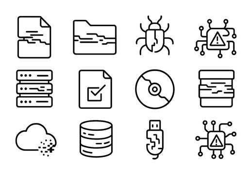 Data Corruption Icons. Outline icon set of data corruption: corrupted file, glitch folder, broken chip, pixel
