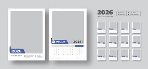 2026 wall calendar template | Editable 12-month planner | Week starts on Monday | Printable vector layout for office or home use