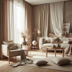 Linen Minimalist Living Room – Linen curtains upholstery and c