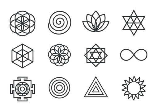 Sacred Fractal Icons. Outline icon set of sacred fractals: flower of life, mandala spiral, fractal lotus,