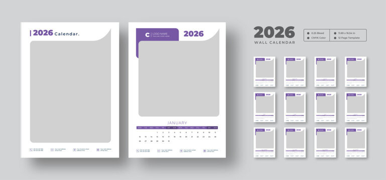 2026 wall calendar template | Editable 12-month planner | Week starts on Monday | Printable vector layout for office or home use
