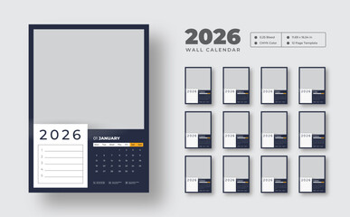 2026 monthly wall calendar design  | Week starts on Monday | Editable 12-page vector template | Clean wall planner for home or office