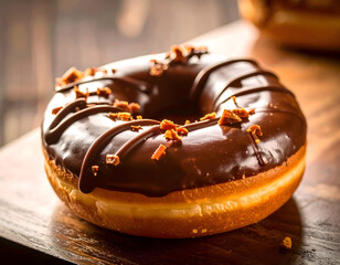 A delectable chocolate-glazed donut, topped with crunchy bits, rests on a wooden surface.