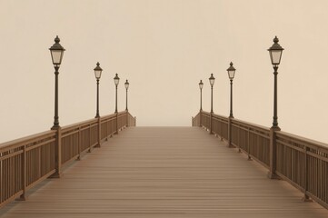 Fototapeta premium Misty pier bridge pathway lamps, tranquil scene