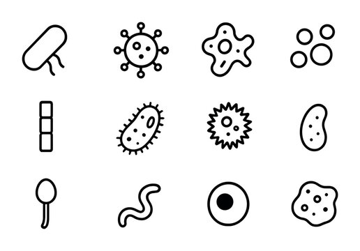 Microscopic Icon Grid. Outline icon set of microscopic forms: bacteria rod, virus spike, protozoa shape, spore