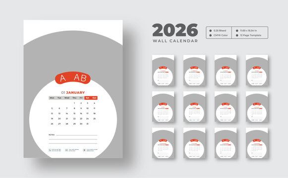 2026 monthly wall calendar design  | Week starts on Monday | Editable 12-page vector template | Clean wall planner for home or office