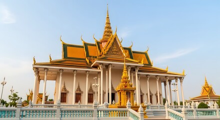 Naklejka premium Grand Royal Palace architecture in Phnom Penh, Cambodia, showcasing traditional golden roofs, elegant columns, and cultural heritage.
