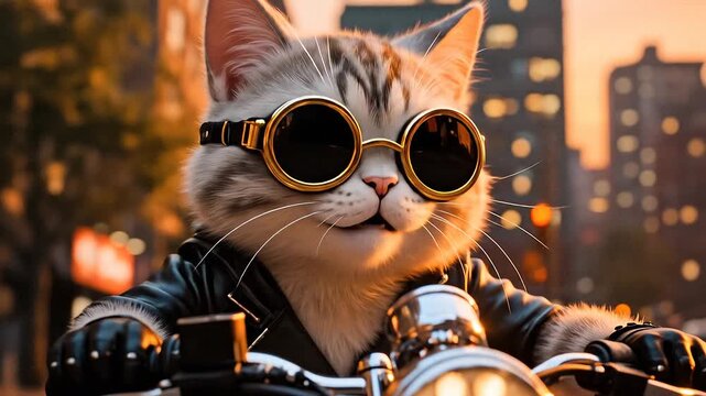 Cool Cat Riding Motorcycle in City Sunset Street. Funny Biker Cat Adventure in Urban Downtown. 