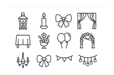 Wedding Decor Icons. Outline icon set of wedding decor: lantern, candle, ribbon, curtain, tablecloth,