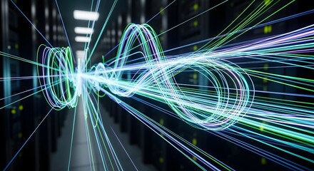 Abstract glowing light trails representing high-speed data transfer through a server room corridor.