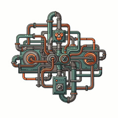 An intricate and complex industrial system featuring a dense network of interconnected pipes, gears, and valves, rendered in a detailed mechanical illustration style.