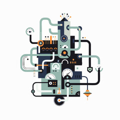 An intricate, abstract industrial machine with interconnected pipes, gears, and gauges, representing complex systems and technological innovation in a modern, stylized illustration.