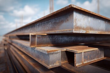Industrial steel beams stacked for construction projects under blue sky, showcasing strength and durability in a modern industrial setting with weathered texture