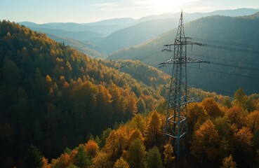 Obraz premium Aerial view of high voltage power lines stretching across forest landscape during golden hour. Towering pylons carry electricity through hills covered in autumn trees, bathed in warm sunlight. Image