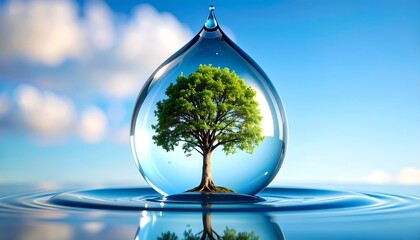 Water drop with tree inside, sky reflection