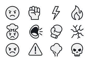 Anger Icons Collection. Outline icon set of anger: frowning face, clenched fist, thunderbolt, flame, exploding