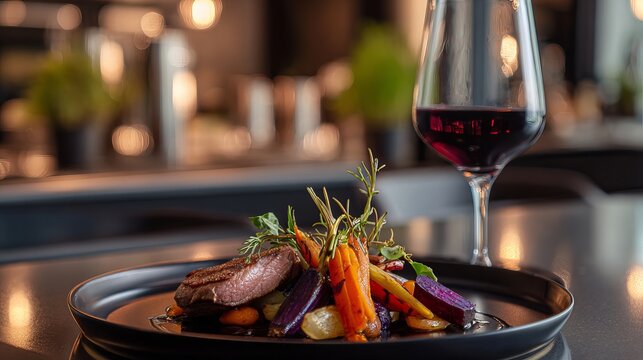Gourmet dish with seared meat, colorful roasted vegetables, and fresh herbs on a black plate, accompanied by a glass of red wine, set on a dark table with a softly blurred elegant background.