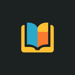 A modern and minimalist open book icon featuring vibrant blue and orange pages. This flat design vector graphic symbolizes education, learning, and knowledge, perfect for a logo or application