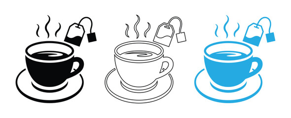 Steaming hot tea cup icon with tea bag, perfect for cafe,Tea bag vector icon set. 