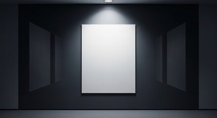 Minimalist art gallery interior with a single blank white canvas under a spotlight for your artwork mockup. Modern dark exhibition hall