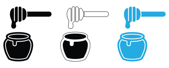 honey dipper icon Vector logo outline,Sweet honey jar and dipper icons in black, white, blue,Honey stick icon. Honey spoon vector illustration. Wooden dipper symbol. Liquid sweet dessert pictogram.