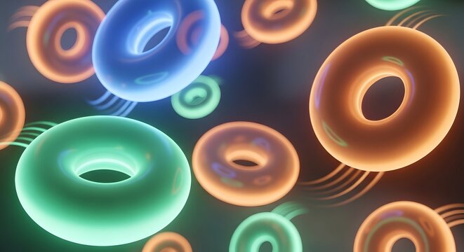Abstract glowing torus shapes in vibrant neon colors, floating in a dark, ethereal space. - Powered by Adobe