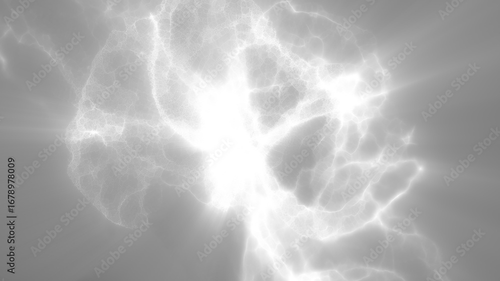Poster soft white digital waves ripple and curve over a gray background, forming an elegant luminous struct